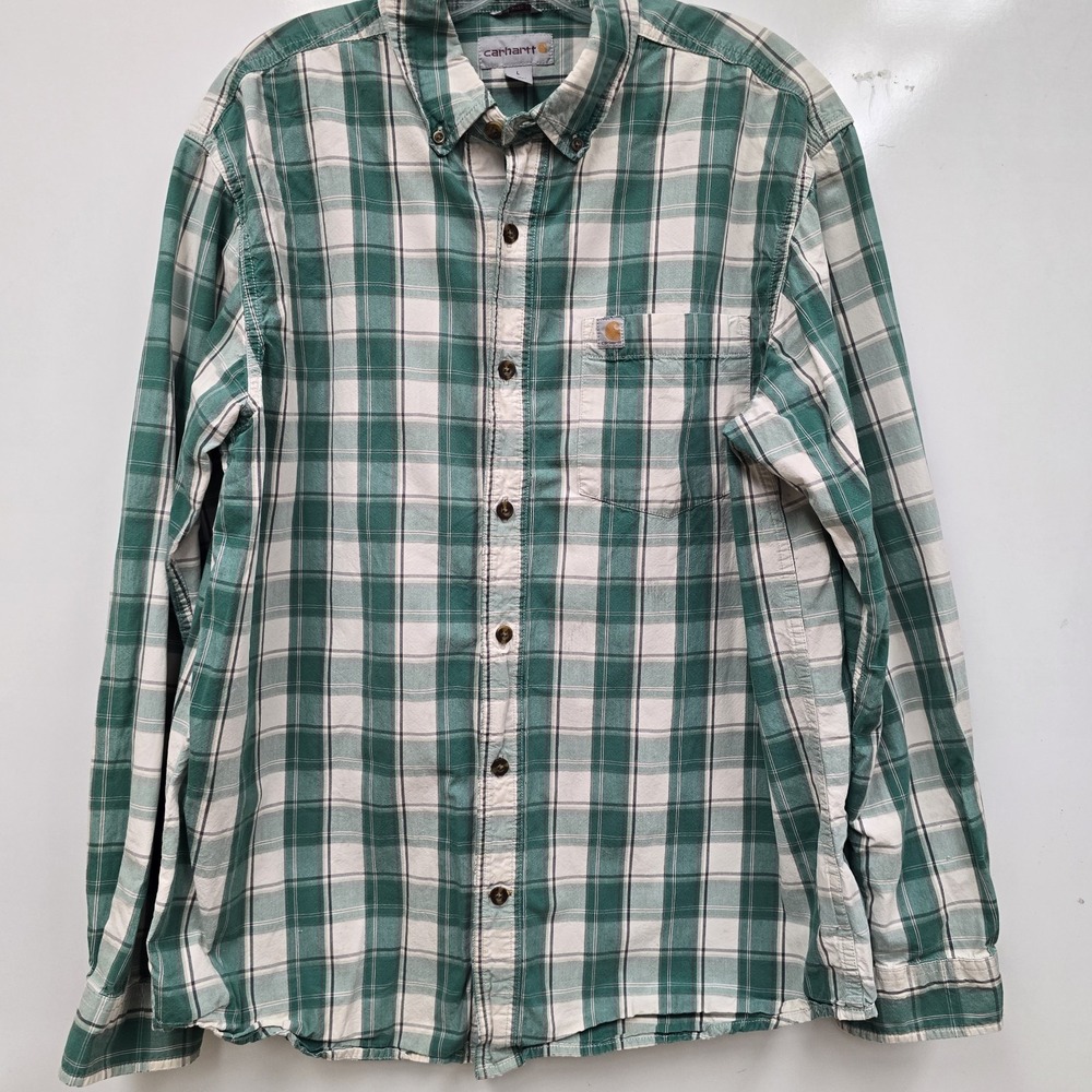Carhartt Men's L Shirt Green Plaid Long Sleeve Cotton Relaxed Fit Heavyweight